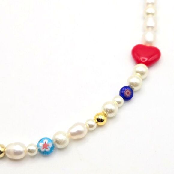 "Fun Flirt" Summertime Genuine Freshwater Pearl Smile Millefiori Beaded Necklace - Picture 4 of 5